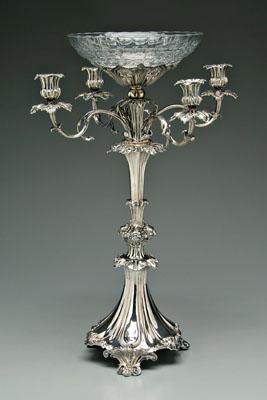 Appraisal: English silver plate epergne central post with hounds heads four