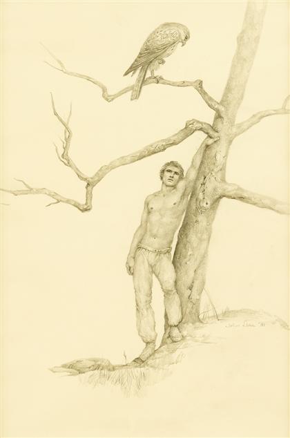 Appraisal: JOHN LEAR american - two drawings YOUNG MAN AND BIRD