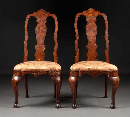 Appraisal: Pair of Dutch marquetry inlaid walnut upholstered slip-seat side chairs