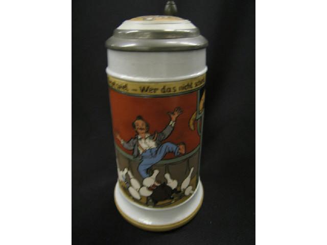 Appraisal: Mettlach German Etched Pottery Stein liter boy bowling inlaid lid