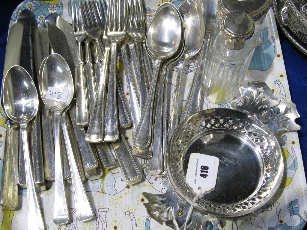 Appraisal: Tray lot of EP cutlery dressing table jars and two