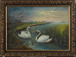 Appraisal: French School Swans Along the Shore oil on canvas signed