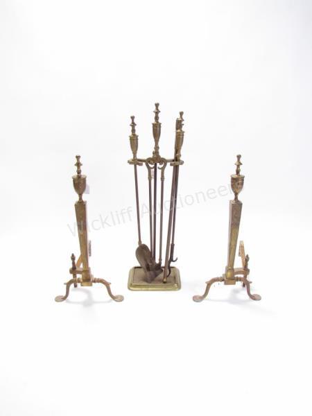 Appraisal: Brass Andirons and Fireplace Tools Federal style andirons with embossed