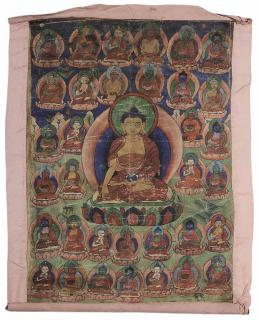 Appraisal: Buddhist Thangka Depicting a Buddha Nepal central figure of Shakey