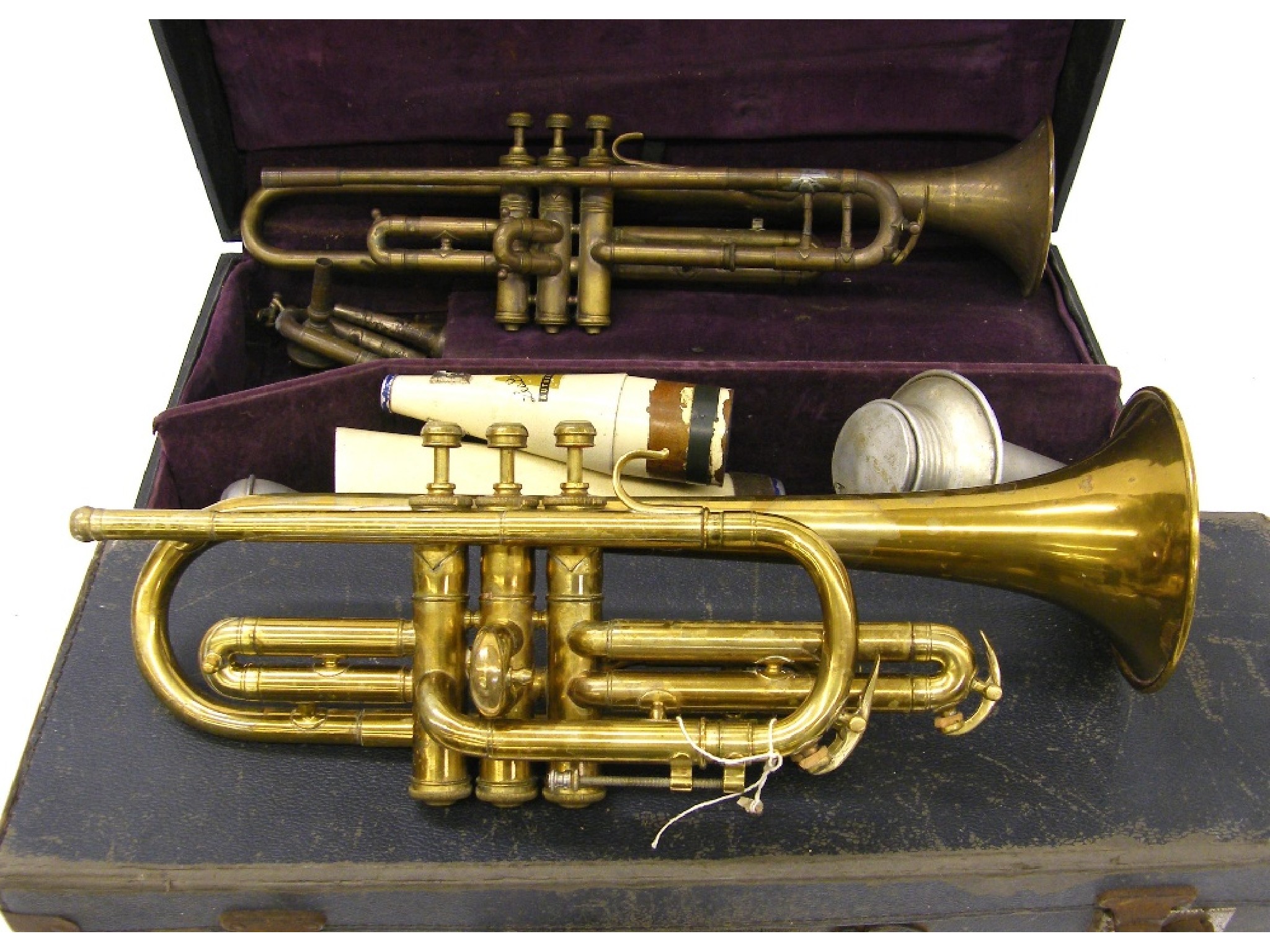 Appraisal: Paul Cavour brass trumpet with four various mutes case together