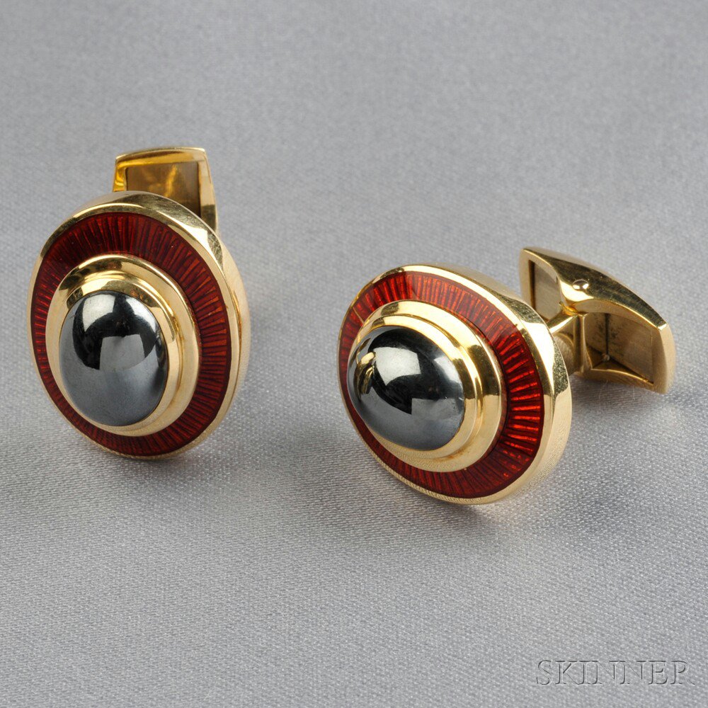 Appraisal: kt Gold Hematite and Enamel Cuff Links Retailed by Tiffany