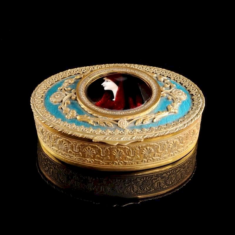 Appraisal: A FRENCH GILT METAL AND ENAMEL BOX WITH LIMOGES ENAMEL