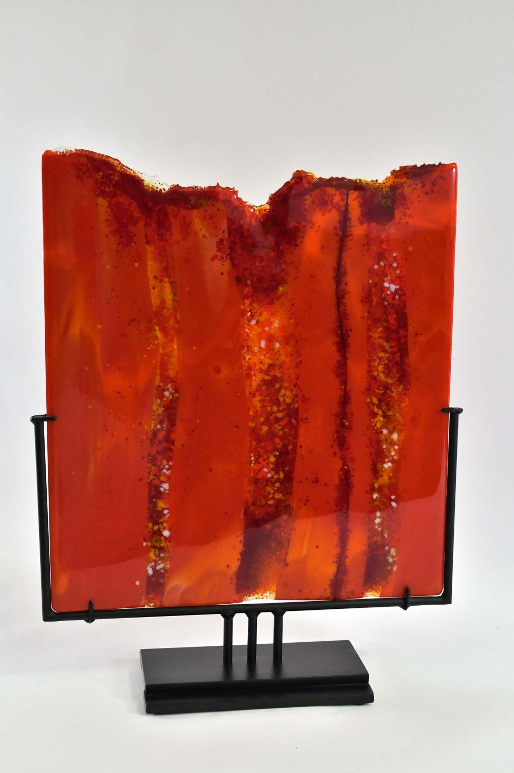 Appraisal: CONTEMPORARY STUDIO GLASS PLAQUE ON STANDUnsigned The rectangular red striated