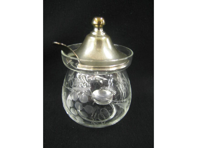 Appraisal: Sterling Silver Etched Crystal Jam Jar with sterling spoon