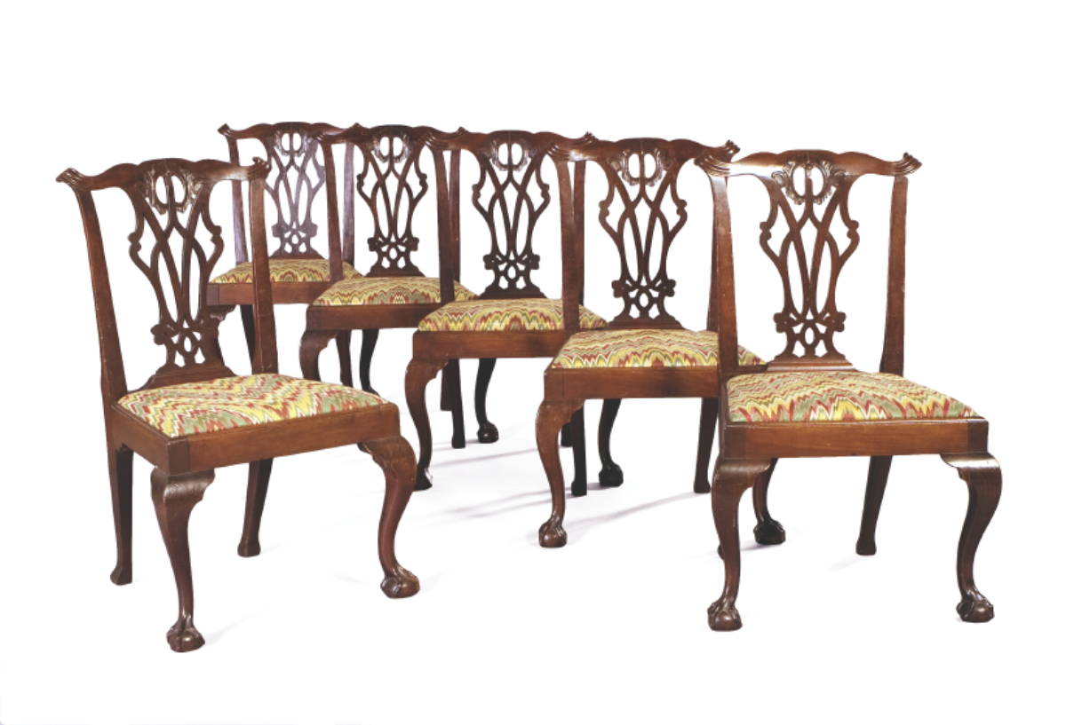 Appraisal: SET OF SIX CARVED MAHOGANY DINING CHAIRS Each with a