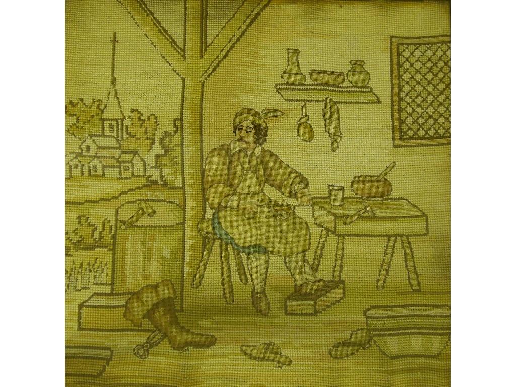 Appraisal: Continental coloured woolwork depicting a cobbler in his workshop before