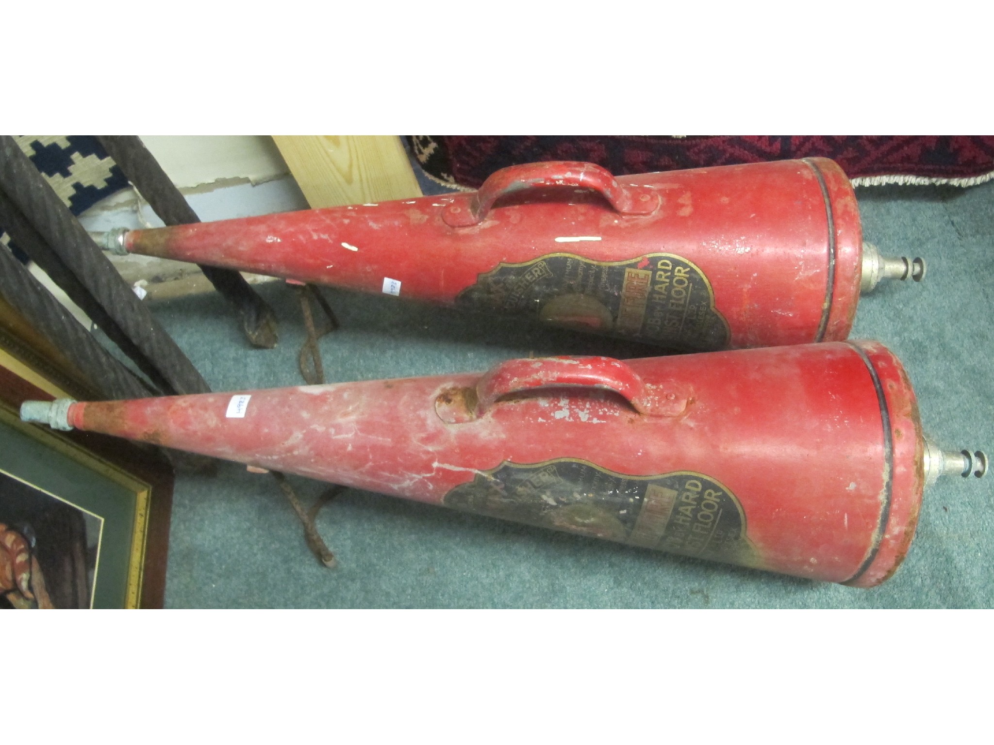 Appraisal: Two vintage fire extinguishers and four garden lights