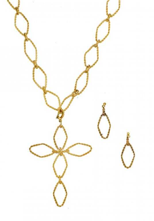 Appraisal: A GOLD SUITE OF NECKLACE CROSS AND EARRINGS formed of