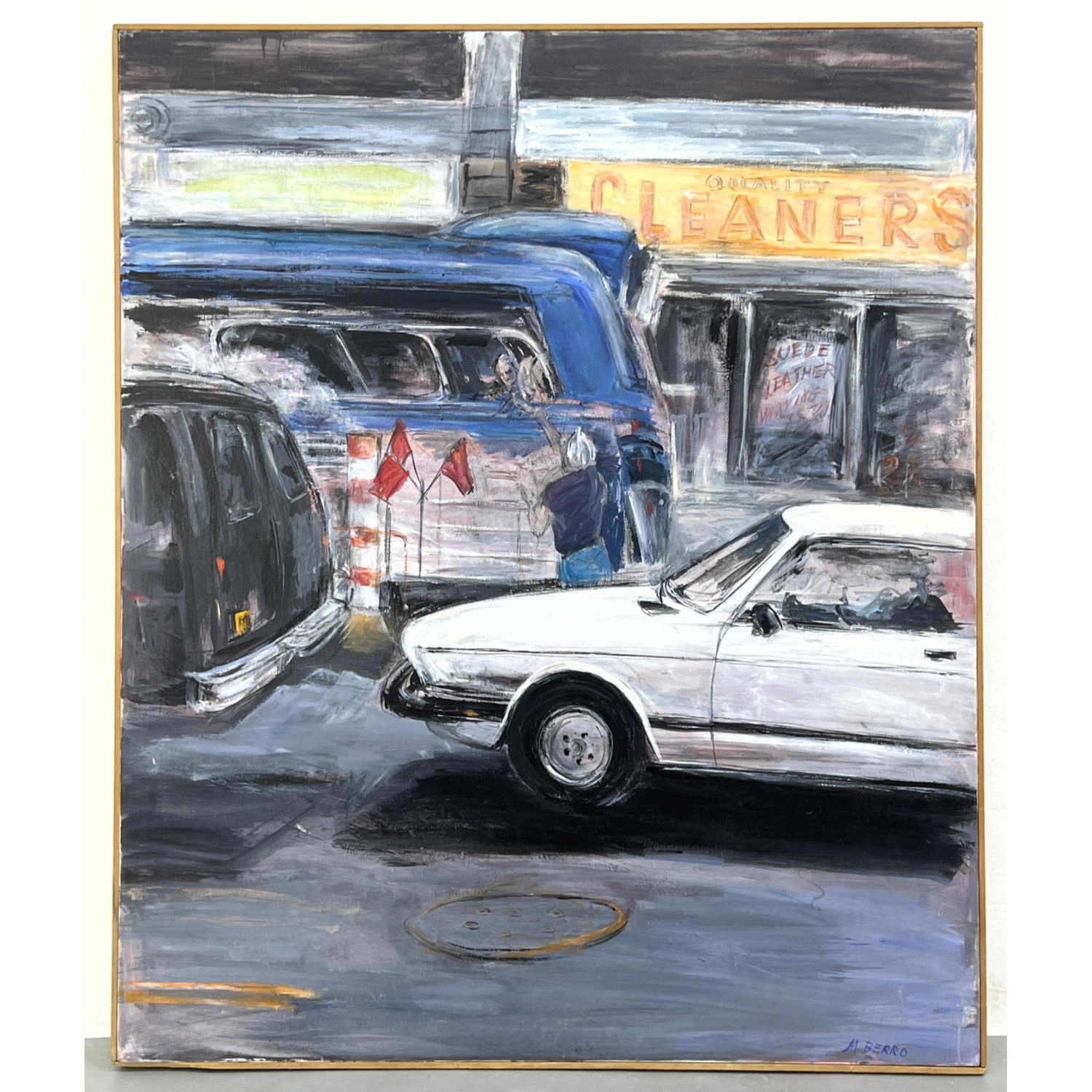 Appraisal: M Berro Painting on Canvas Mid Town Traffic Dimensions Image