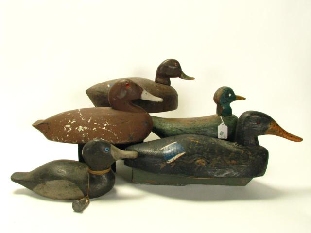 Appraisal: Five Unmarked Carved Working Wooden Duck Decoys