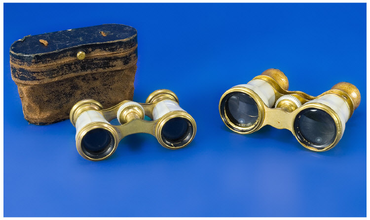 Appraisal: Pair Of Cased Opera Glasses With Mother Of Pearl Inlay