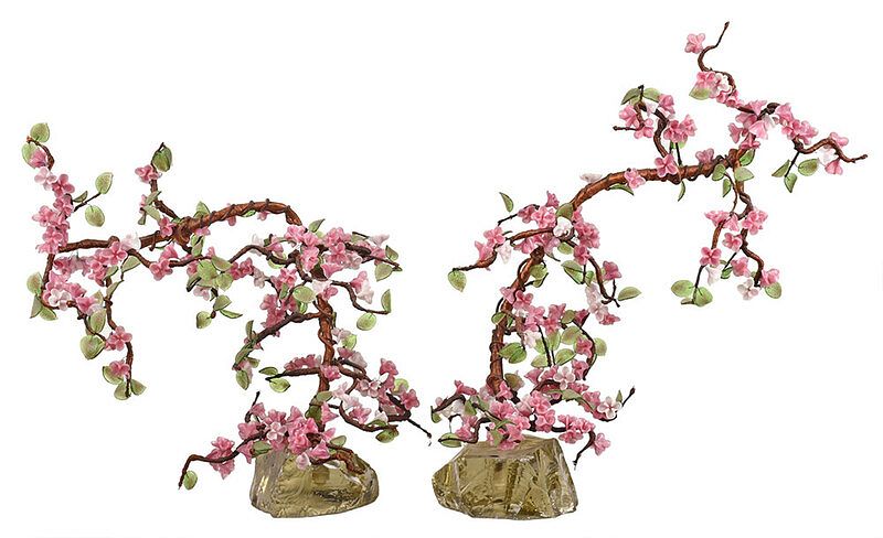 Appraisal: Pair Glass Cherry Blossom Trees on rough cut glass bases