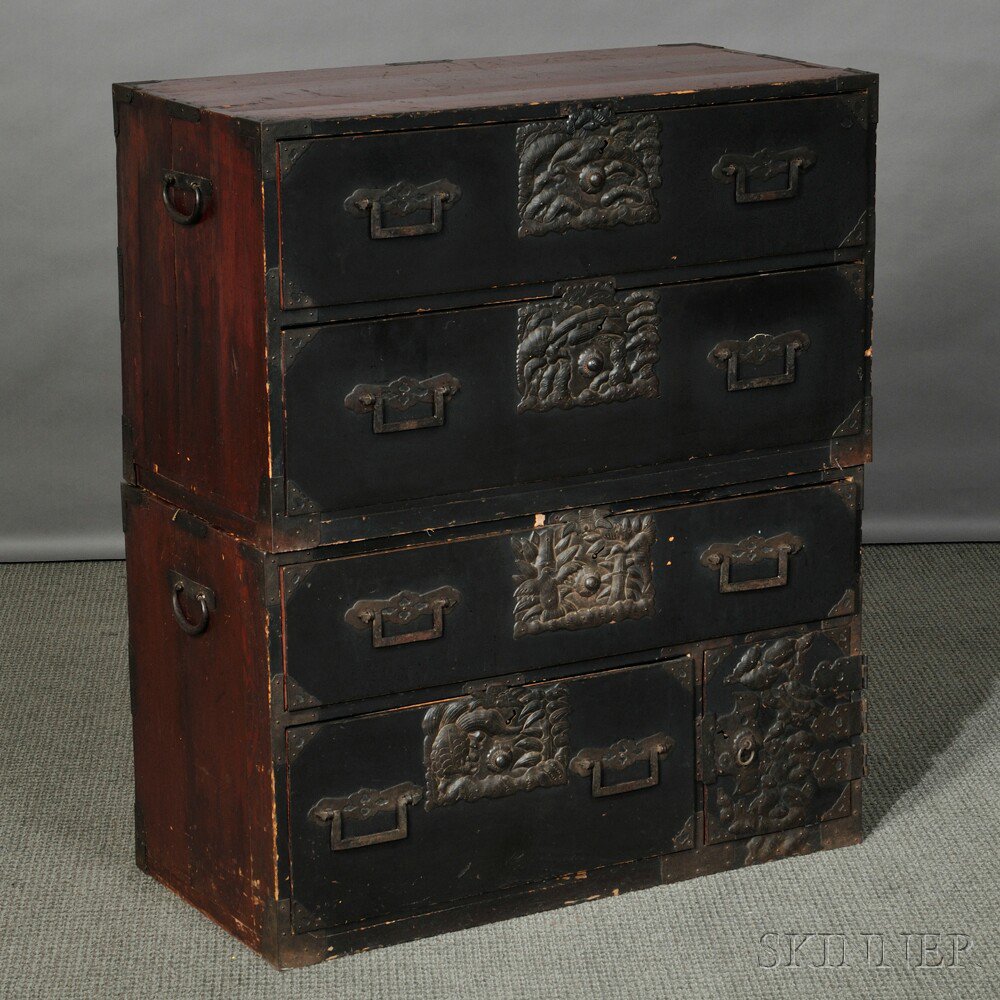 Appraisal: Two-part Tansu Chest Japan one section with two drawers the