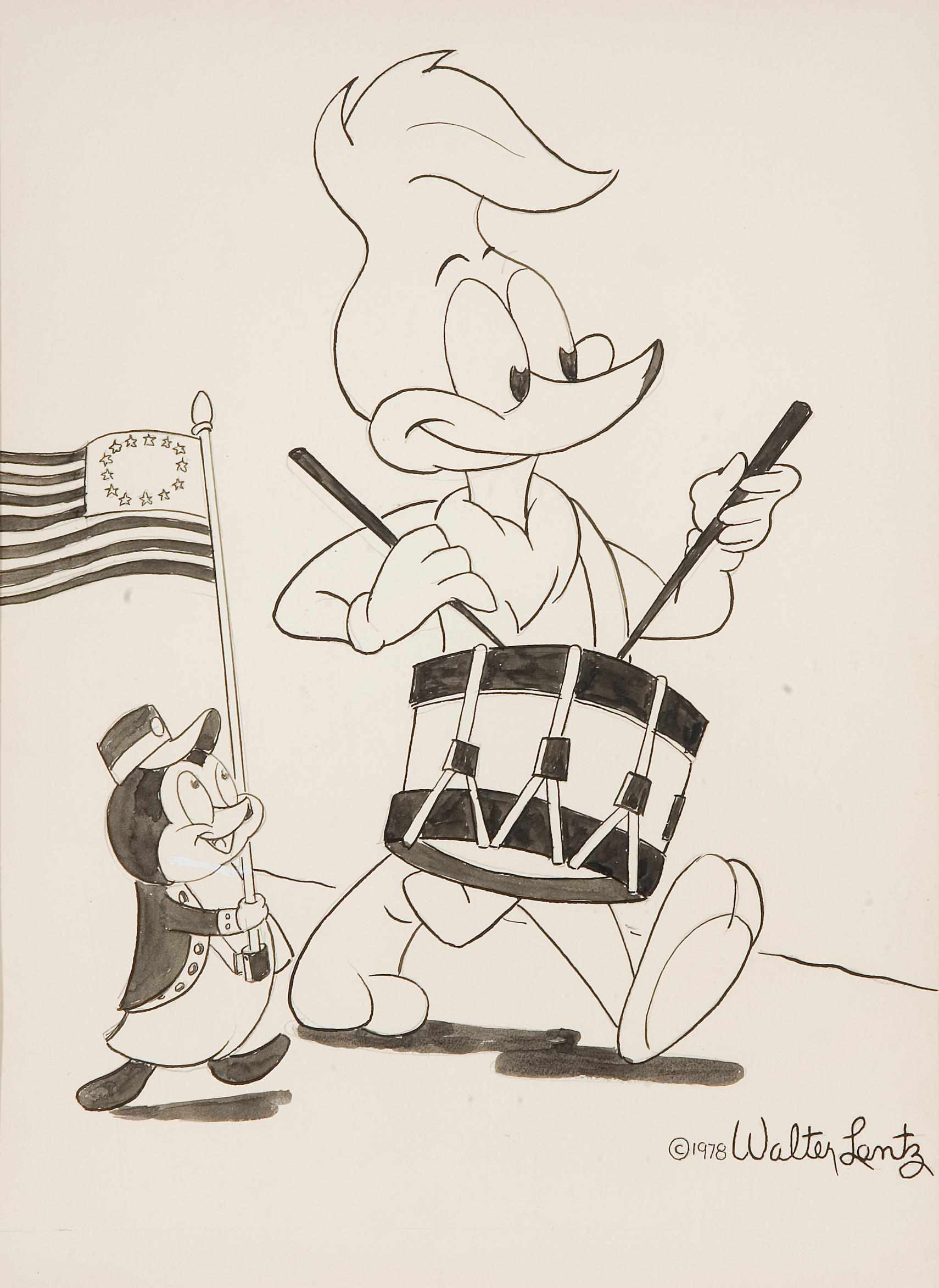 Appraisal: A Walter Lantz drawing of Woody Woodpecker as a drummer