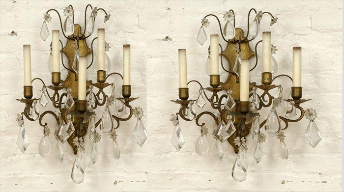 Appraisal: Pair of Louis XV-Style Gilt-Metal and Cut Glass Five-Light Wall