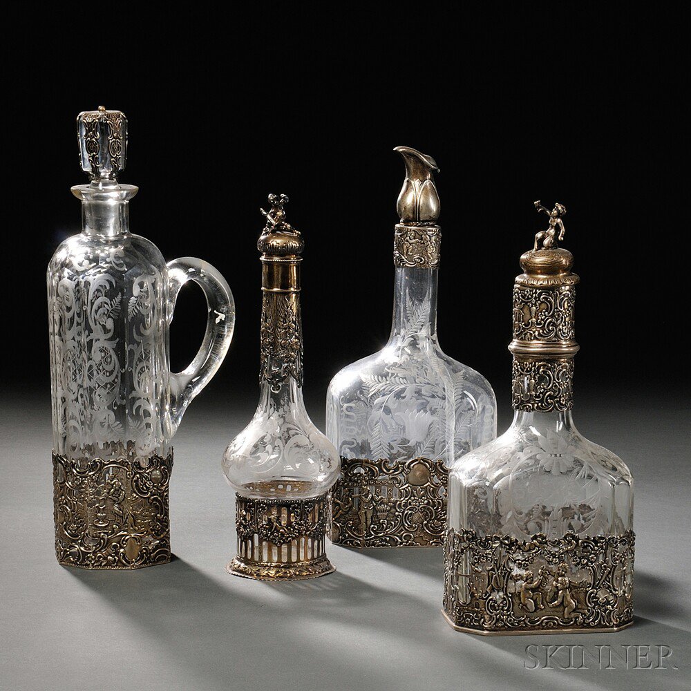 Appraisal: Four Rococo-style Silver-mounted Etched Colorless Glass Vessels th early th