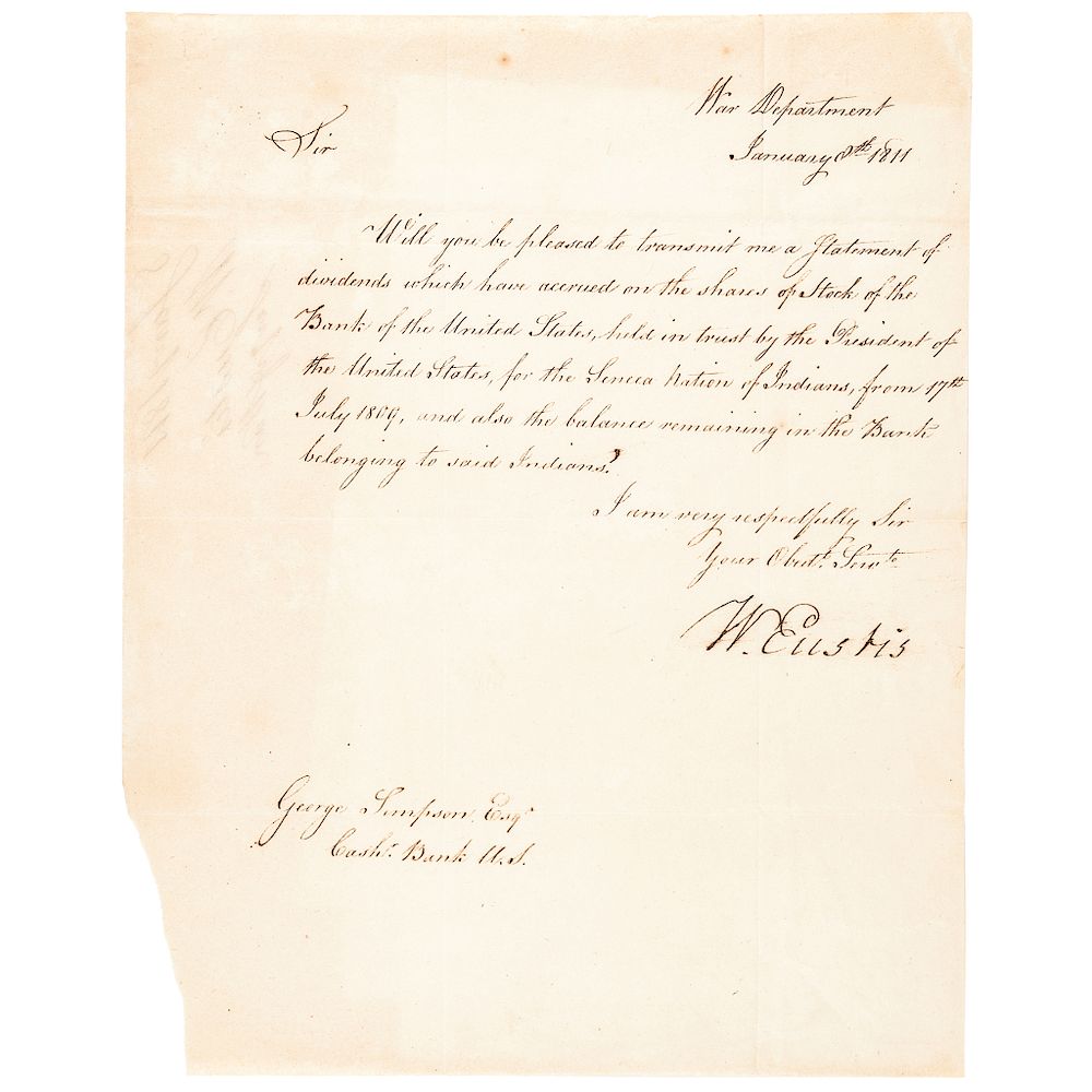 Appraisal: WILIAM EUSTIS Sec of War for James Madison Seneca Nation