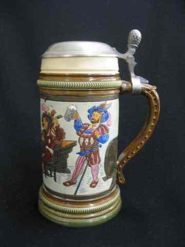 Appraisal: Thewalt Etched Pottery Stein Cavaliers pewter lid - '' excellent