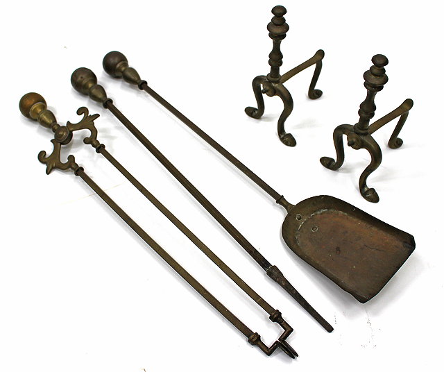 Appraisal: A SET OF THREE BRASS FIRE IRONS with ball finials