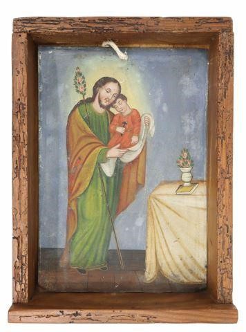 Appraisal: Unframed retablo on tin depicting Joseph and Jesus Mexico th