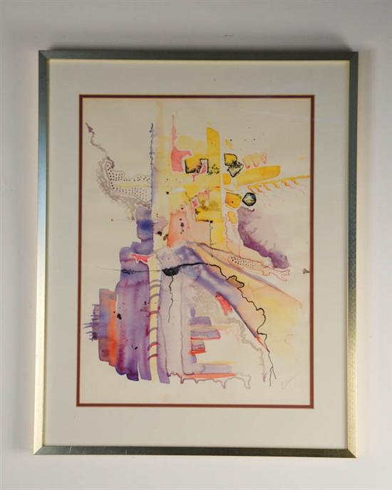 Appraisal: Olson Abstract Purple and Yellow Watercolor framed size H W