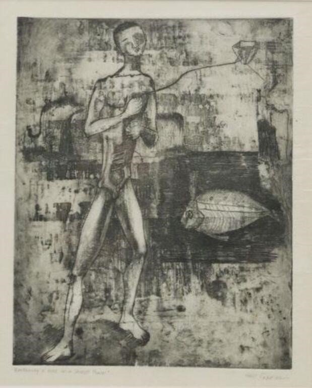 Appraisal: Framed etching and aquatint on paper Boy Flying a Kite