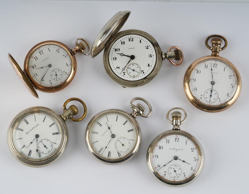 Appraisal: SIX ELGIN POCKET WATCHES Philadelphia Rolled Gold Plate swing out