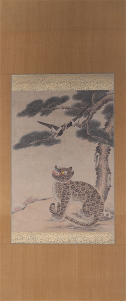 Appraisal: Japanese scroll on Korean mount scroll with leopard print good