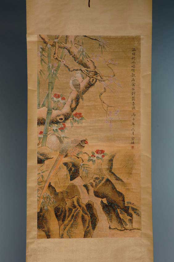 Appraisal: CHINESE SCROLL BIRD AND FLORAL Large Chinese ink and color