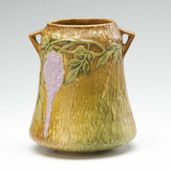 Appraisal: ROSEVILLE Brown Wisteria tapered two-handled vase Foil label