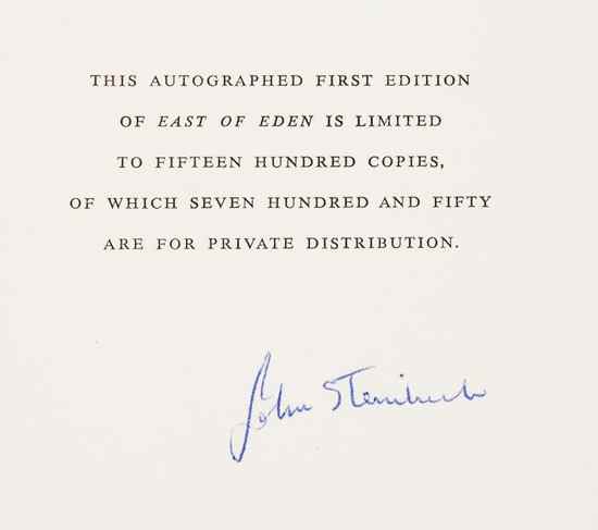 Appraisal: Steinbeck John East of Eden one of copies signed by