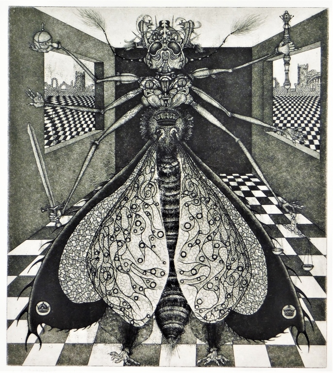 Appraisal: MODERNIST HUMANOID FLY INSECT QUARANTENA ETCHING La Quarantena edition of