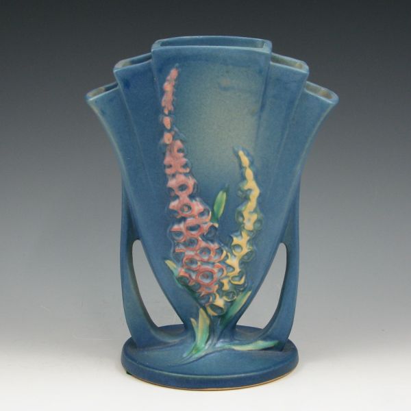 Appraisal: Roseville Foxglove fan vase in blue Marked Roseville USA -