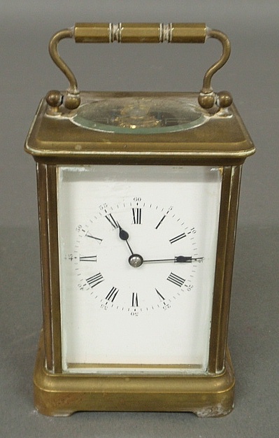 Appraisal: - French brass and beveled glass carriage clock unsigned h