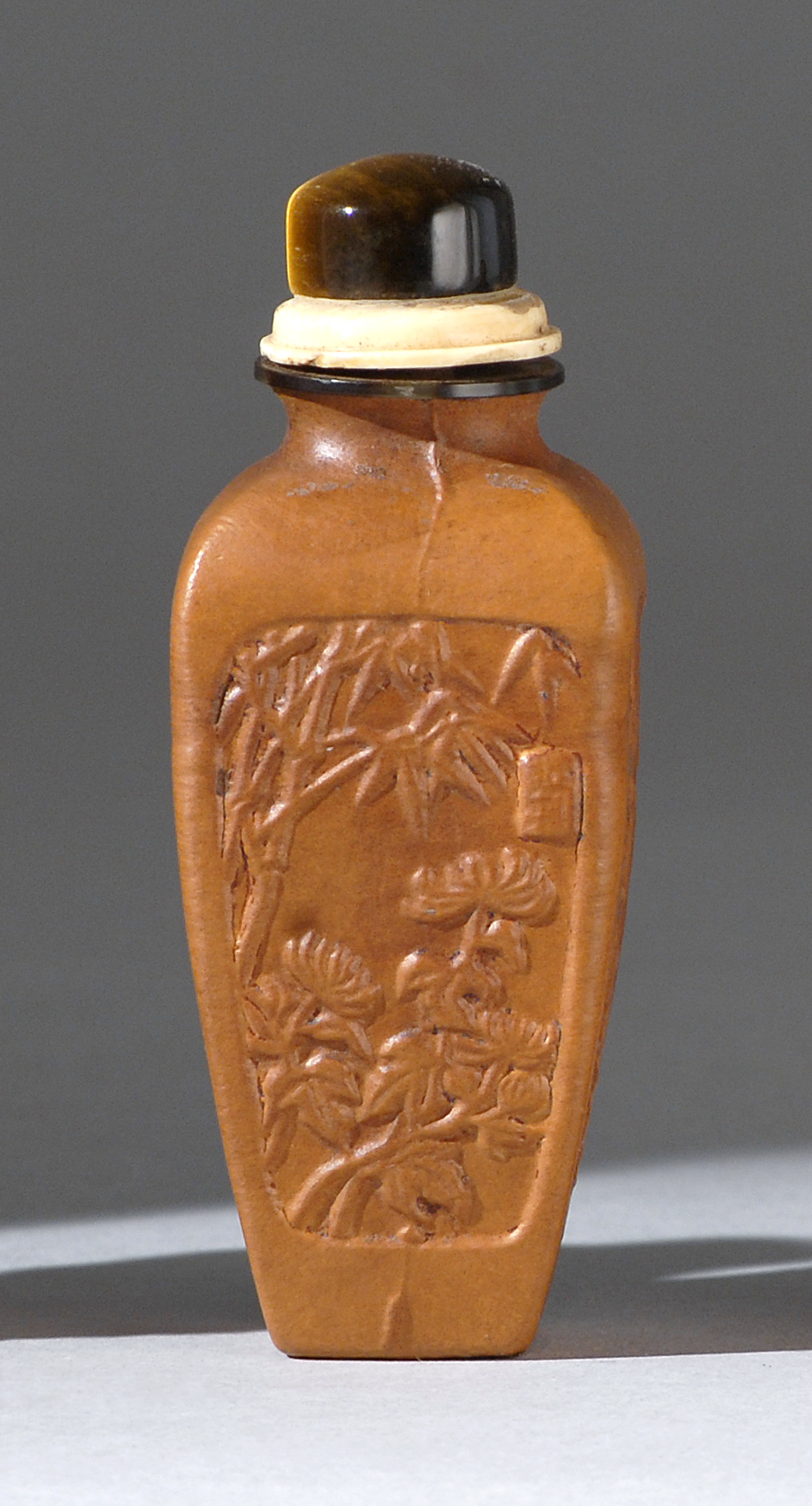 Appraisal: MOLDED GOURD SNUFF BOTTLE Circa In modified rectangular form with