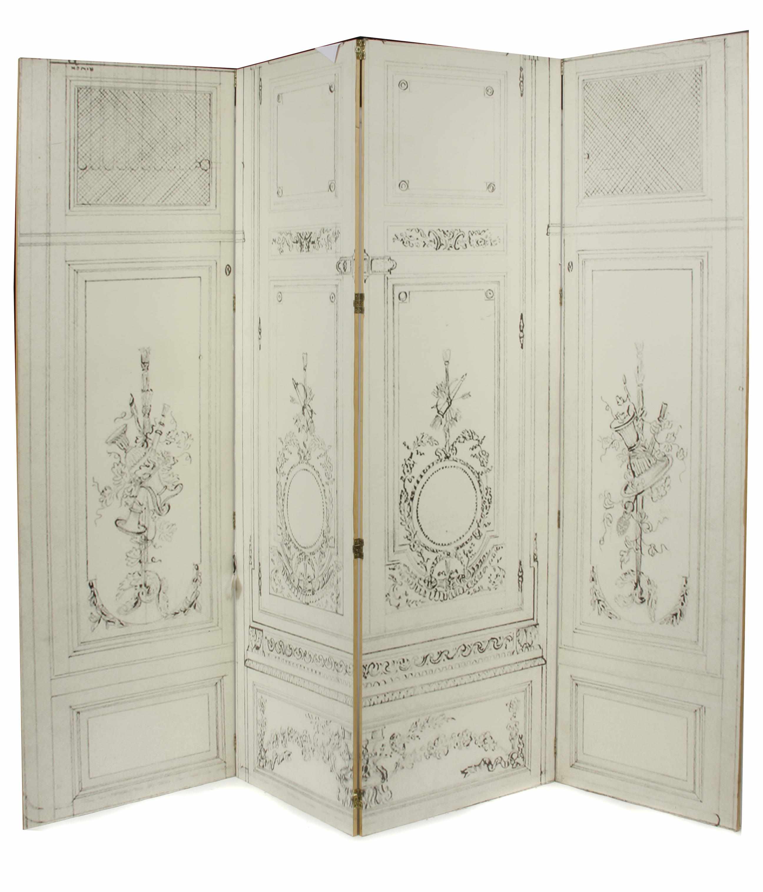 Appraisal: A Louis XV style four panel floor screen With printed