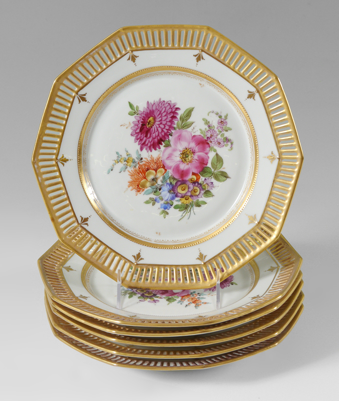 Appraisal: A LAMM DRESDEN RETICULATED PLATES Hand painted floral motif center