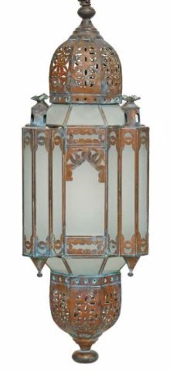 Appraisal: Moroccan metal and glass hanging lantern having domed octagonal finials