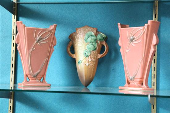 Appraisal: THREE PIECES OF ROSEVILLE ART POTTERY Pair of pink vases