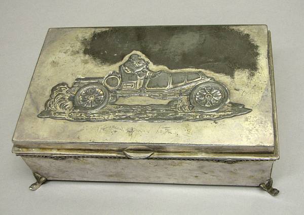 Appraisal: A silver plated decorative 'Motoring' box British circa pewter the