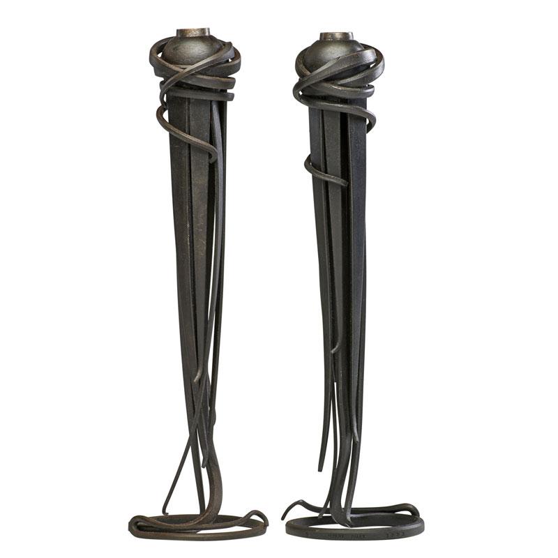 Appraisal: ALBERT PALEY Pair of candlesticks Condition Report Patina on one