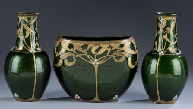 Appraisal: Three Mont Joye Art Nouveau Vases Sparking green bodies with