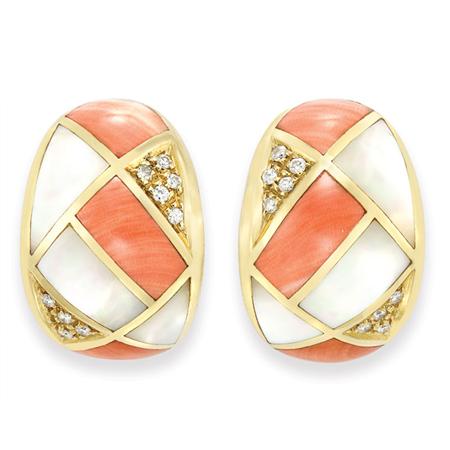 Appraisal: Pair of Gold Coral Mother-of-Pearl and Diamond Earclips Estimate -