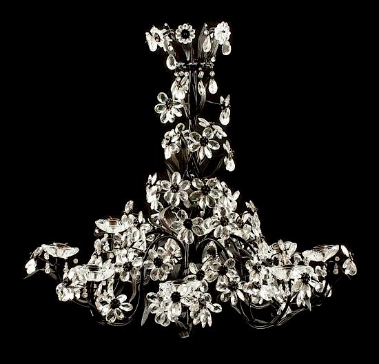 Appraisal: An Italian Iron Tole and Glass Eight-Light Chandelier Height x