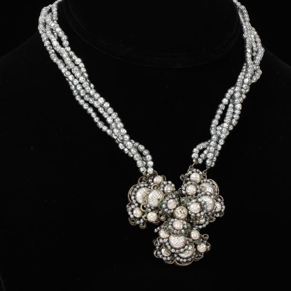 Appraisal: Miriam Haskell Silver Tone Multi Pearl Layered Floral Medallion Necklace